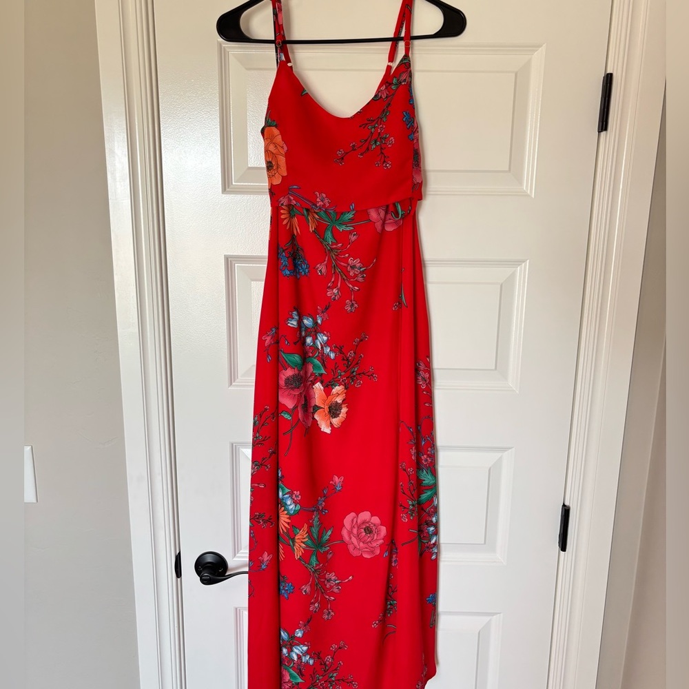 XS Lulus “Bloom with a view” Two-Piece Wrap Maxi Dress Red Floral